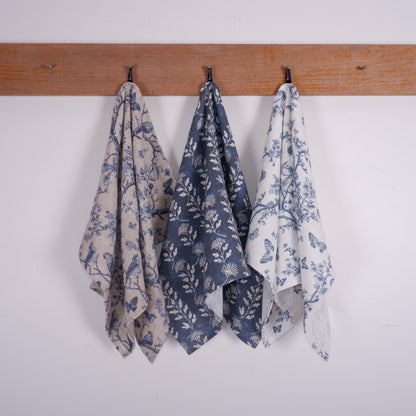 French Tea Towel in linen with toile de jouy print Birds and Butterflies, floral Hand Tea Dish Towel Kitchen Décor Tea Towel