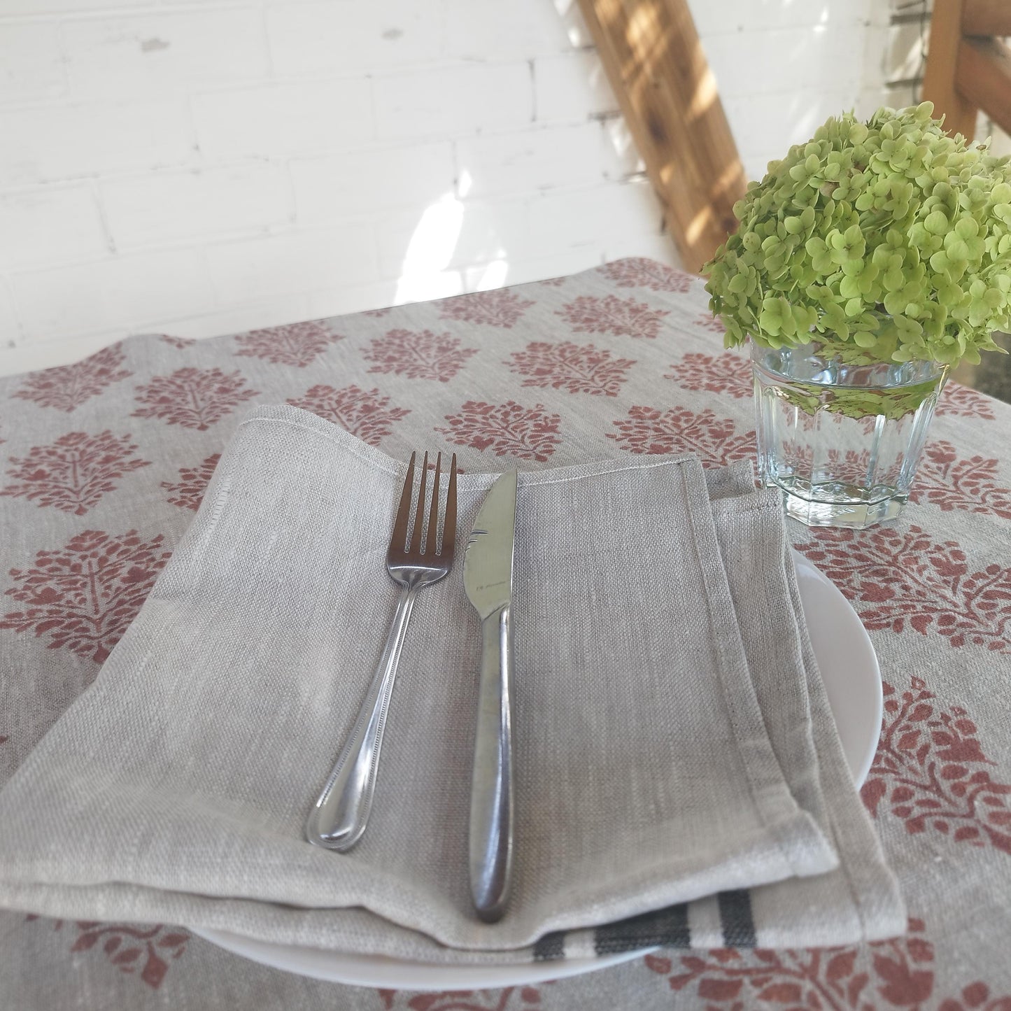 Linen foral tablecloth with red block print flowers, French Retro Vintage Vibe table cloth Bohemian Wildflower Pattern