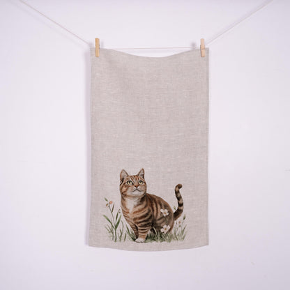Katt på äng kökshandduk i linne - Tabby katt kawaii handdukar - Farmhouse blommig diskhandduk