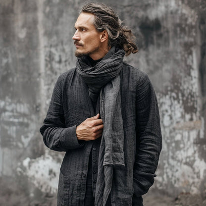 Linen Scarf in grey Unisex for men or women - mustard yellow organic pure linen scarf unisex - Gift Pure linen skinny wide scarf