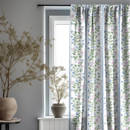 Curtains 100% Linen with floral stripe preppy pink green white print PREWASHED - kitchen Living room farmhouse linen window panel heritage