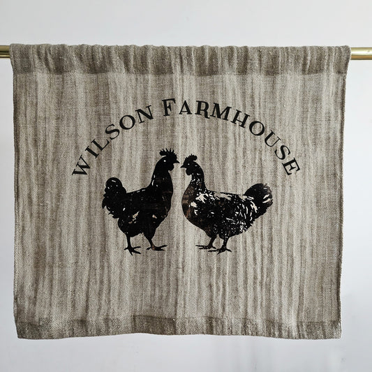 Natural grain sack Cafe Curtains farmhouse chicken, French stamp burlap ranch shabby window panel, Living room Cafe Kitchen window curtains