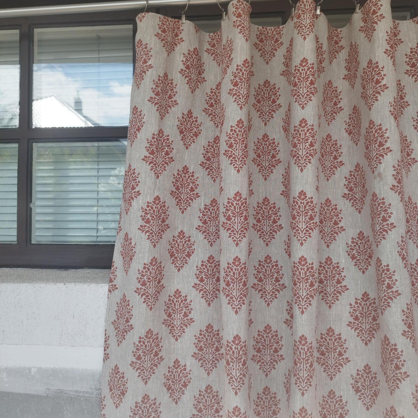 Curtains 100% Linen with red block print PREWASHED. kitchen Living room farmhouse curtains. Bedroom floral linen window panel