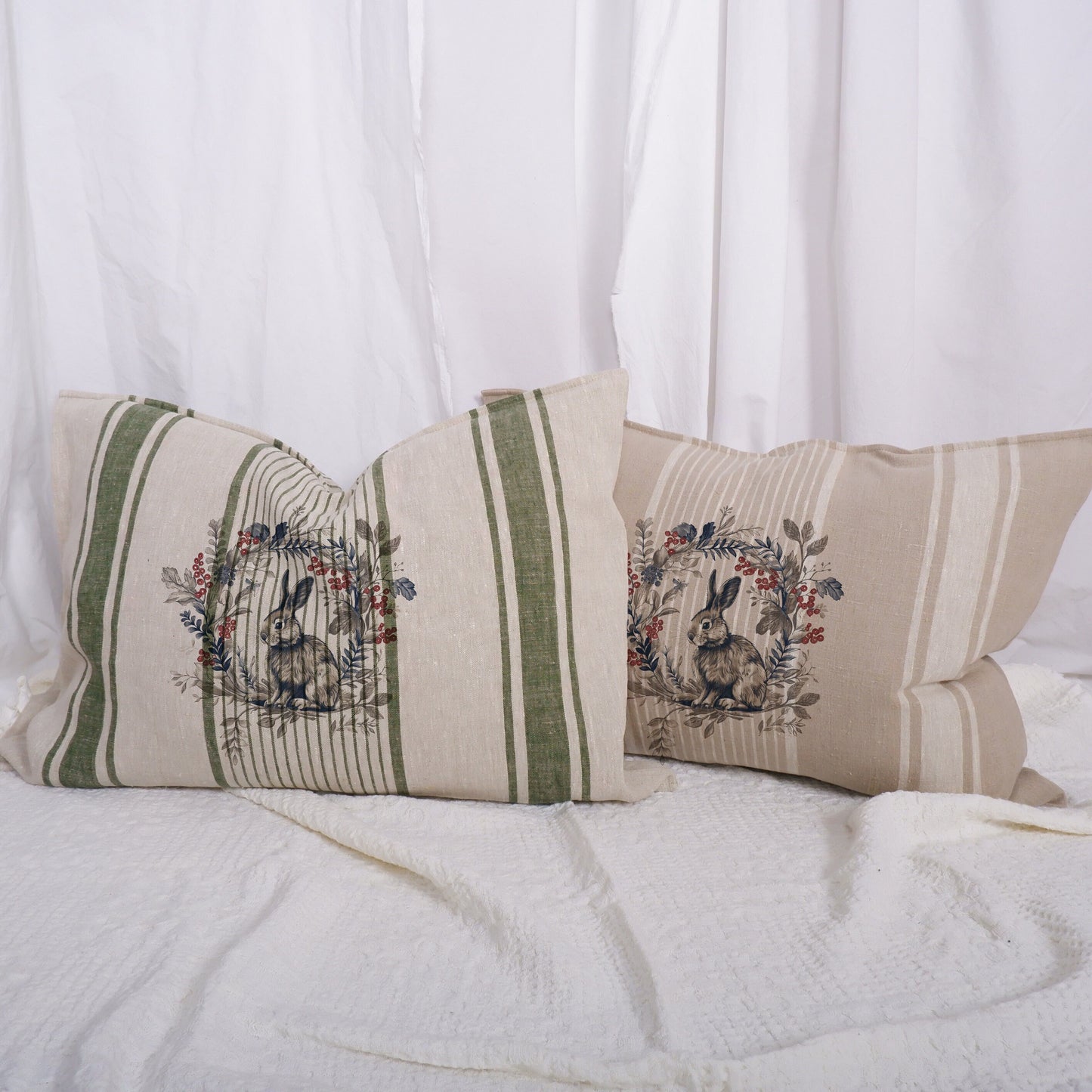 Striped linen pillowcase in french country style with rabbit and floral wreath print, French country linen  cushion cover meadow flowers