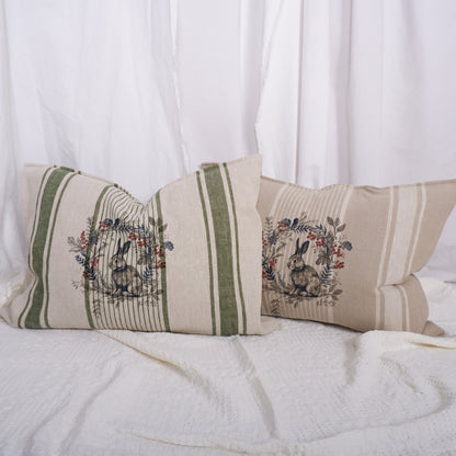 Striped linen pillowcase in french country style with rabbit and floral wreath print, French country linen  cushion cover meadow flowers