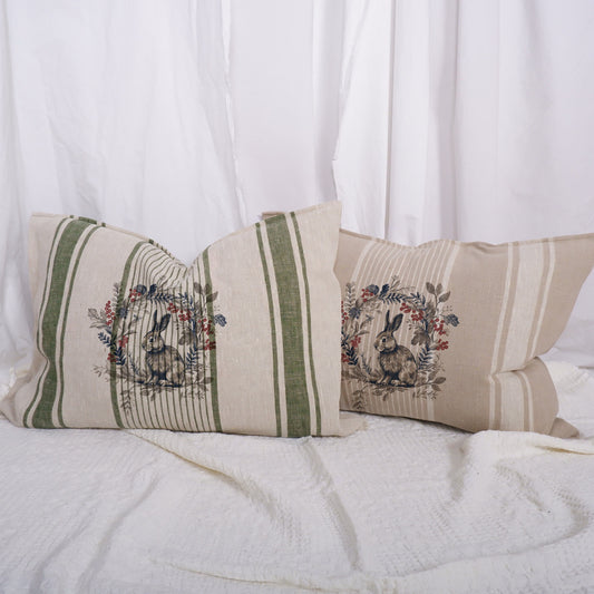 Striped linen pillowcase in french country style with rabbit and floral wreath print, French country linen  cushion cover meadow flowers