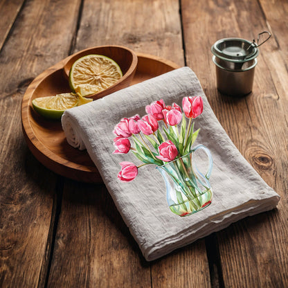 Tulips Tea Towel in linen, floral Hand Towels Tea, botanical Floral Dish Towel, Floral Kitchen Décor Tea Towel