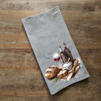 Bread & Wine Tea Towel in linen, Food lovers Hand Towels Tea, Farmhouse Dish Towel,  Kitchen Décor Tea Towel