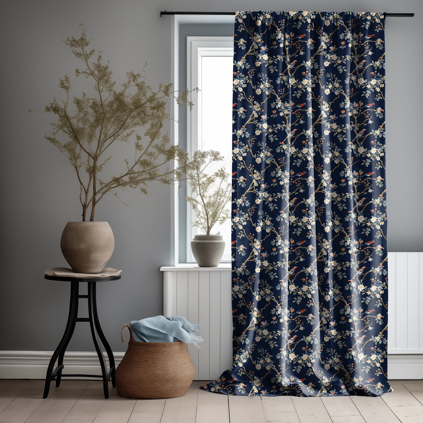 Linen floral Curtain Panels with toile de jouy print, Curtains for living room or bedroom in orange yellow, coutry house style curtains