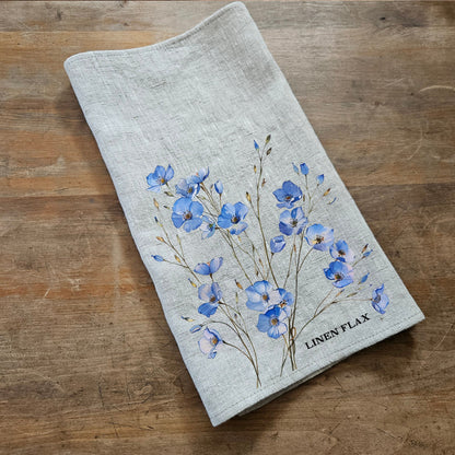 Flax floral Tea Towel in linen, Botanical Hand Towels Tea in linen, meadow flowers linen  Dish Towel  Kitchen Décor Tea Towel in linen