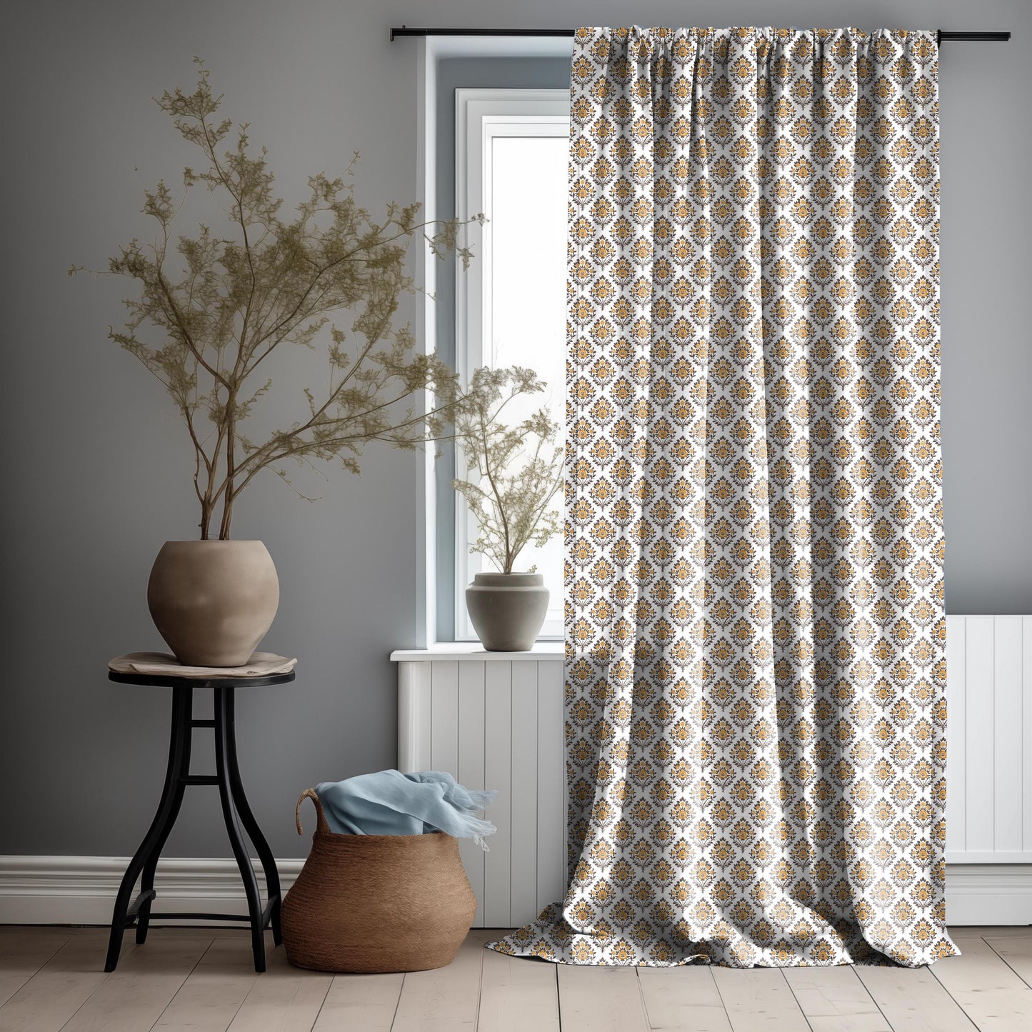 Modern vintage Curtains 100% Linen with botanical block print in green on white linen - kitchen Living room farmhouse linen window panel
