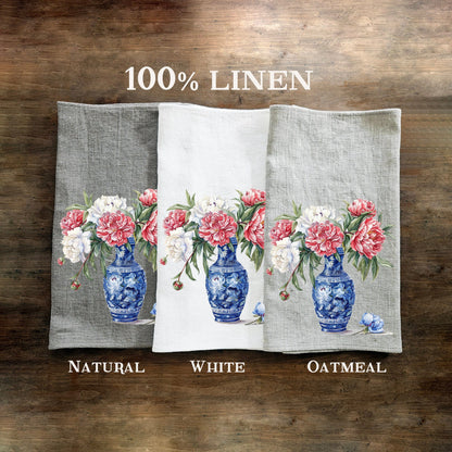 Peonies Tea Towel in linen, floral Hand Towels Tea, botanical Floral Dish Towel, Floral Kitchen Décor Tea Towel