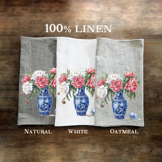 Peonies Tea Towel in linen, floral Hand Towels Tea, botanical Floral Dish Towel, Floral Kitchen Décor Tea Towel