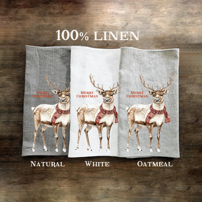 Christmas Tea Towel in linen, Reindeer Hand Towels Tea in linen Dish Holiday Kitchen Décor Feliz Navidad Frohe Weinachten Merry Christmas