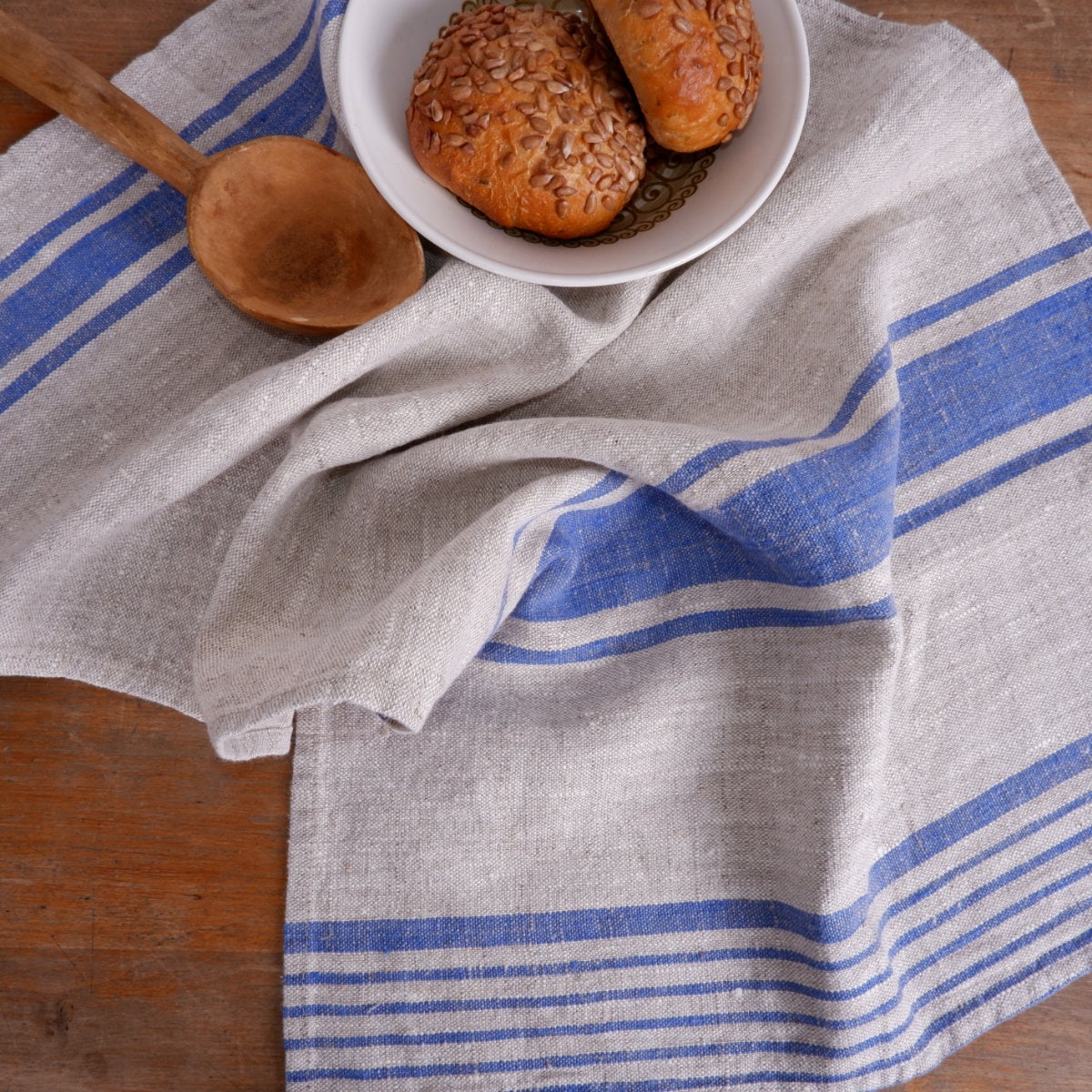 Washed linen kitchen towel in french blue stripes . Guest hand towel Natural dish towel. Striped French style thick linen tea towels