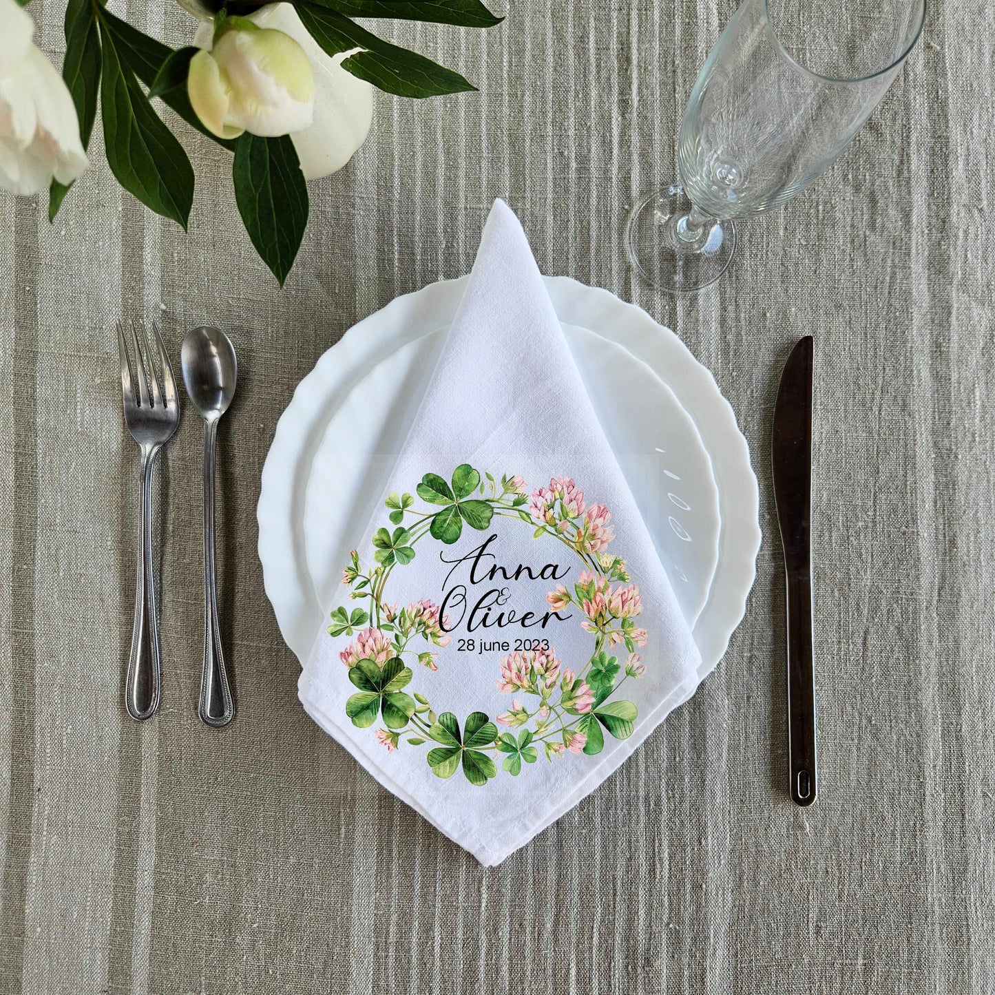 Custom Design White Cloth Cocktail Napkins with olive wreath, luxury weddings menu napkins in linen, Custom Names Napkins for dinner