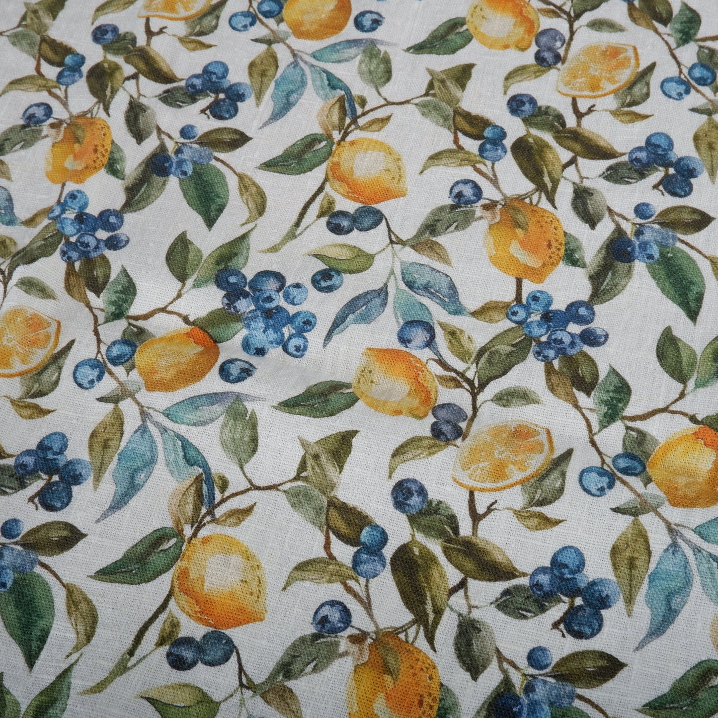 Round Linen Tablecloth with Floral Print – 100% Linen - Lemon & Blueberries
