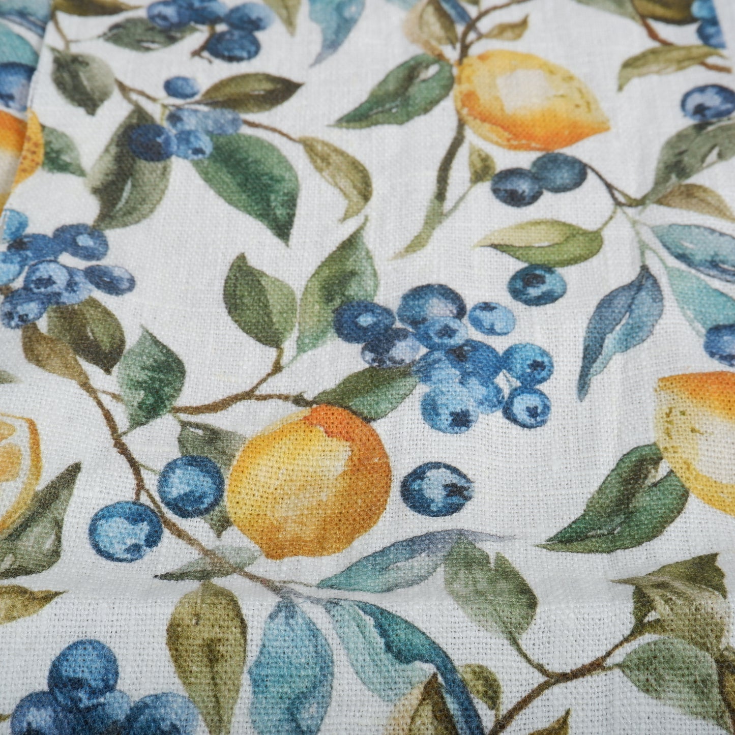 Round Linen Tablecloth with Floral Print – 100% Linen - Lemon & Blueberries