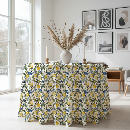 Round Linen Tablecloth with Floral Print – 100% Linen - Lemon & Blueberries