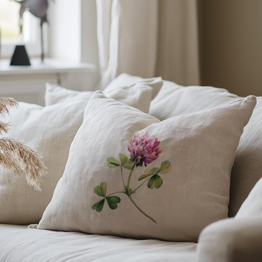 linen pillowcase in custom size pillow cover in neutral colors with CLOVER print - French linen Vintage Cottage Farmhouse cushion cover