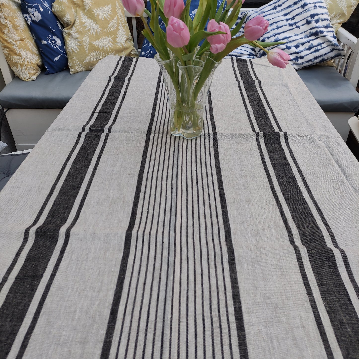 100% Linen tablecloth striped - blue grey black PREWASHED French table cloth rustic rectangle square oval -  country style Sack weave linen