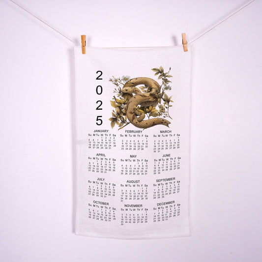 2025 Calendar Towel with year zodiac Snake in linen , linen tea towel with 2025 Calendar, linen guest towel 2025 Calendar