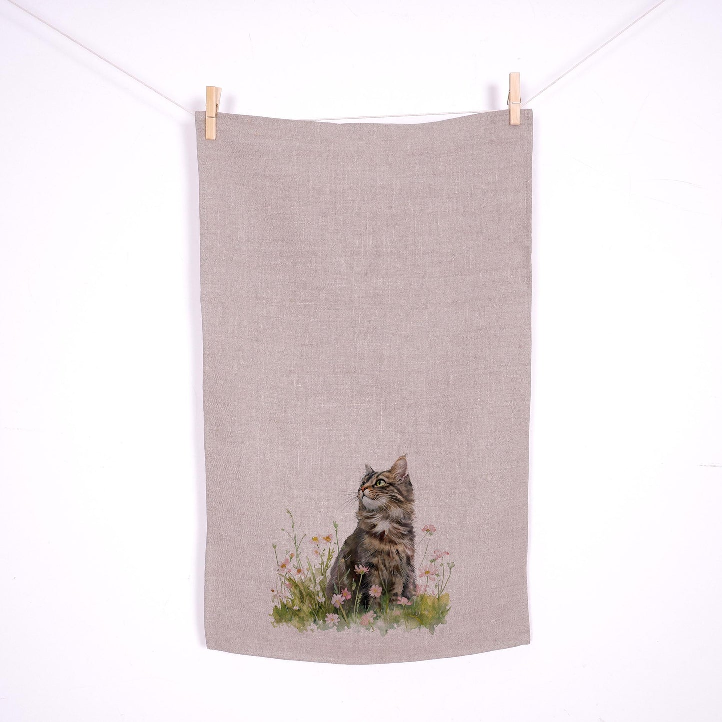 Cat in meadow Towel in linen - blue white block print Hand Tea towels - Farmhouse Floral Dish Décor Kitchen Towel with brids on trees