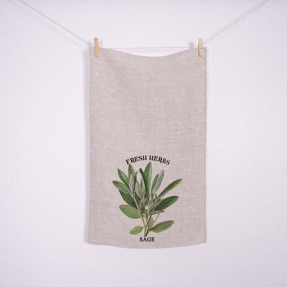 Sage herbs Tea Towel in linen - Hand Towels Tea - Farmhouse Floral Dish Towel - greenery frech herbs Kitchen Décor