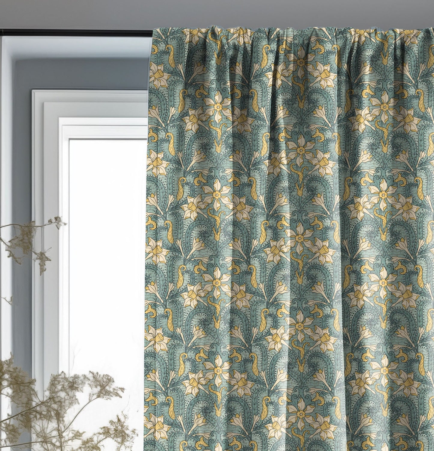 Jonquil Curtain Panel Maurice Pillard Verneuil, Floral Print Curtain Panels in custom size, Botanical Curtains for living room Art deco