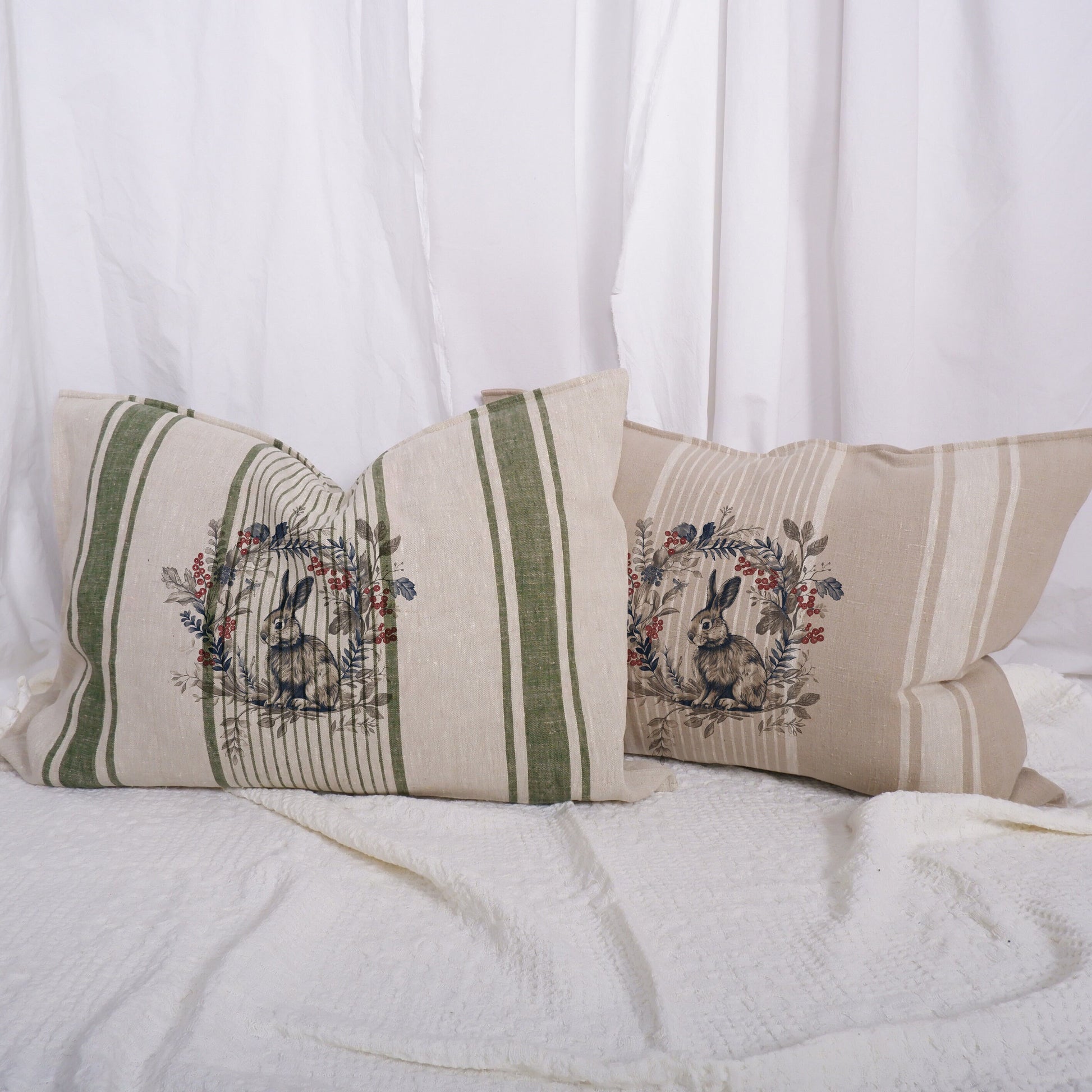 Striped linen pillowcase in french country style with rabbit and floral wreath print, French country linen  Grainsack cushion cover