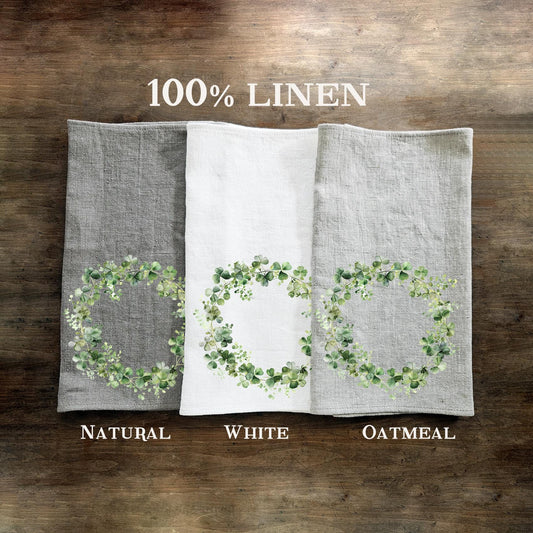 Clover wreath Tea Towel in linen, greenery Hand Towels Tea in linen, linen  Dish Towel Kitchen Décor Tea Towel in linen with green wreath