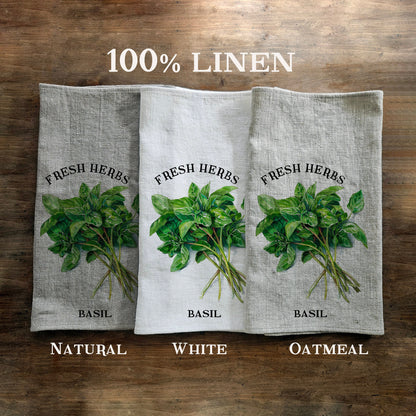 Basil Floral Tea Towel in linen - Hand Towels Tea - Farmhouse Floral Dish Towel - greenery frech herbs Kitchen Décor