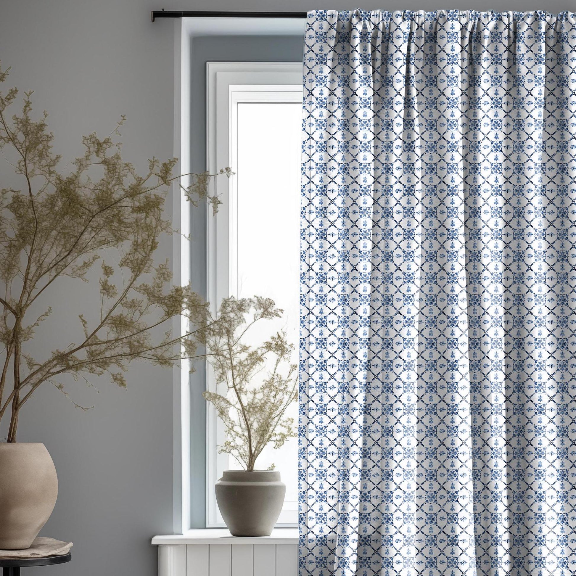 Curtains 100% Linen with Swedish tile print blue white pattern  PREWASHED - kitchen Living room farmhouse linen window panel