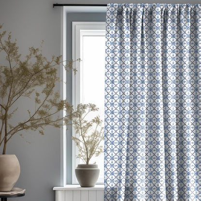 Curtains 100% Linen with Swedish tile print blue white pattern  PREWASHED - kitchen Living room farmhouse linen window panel