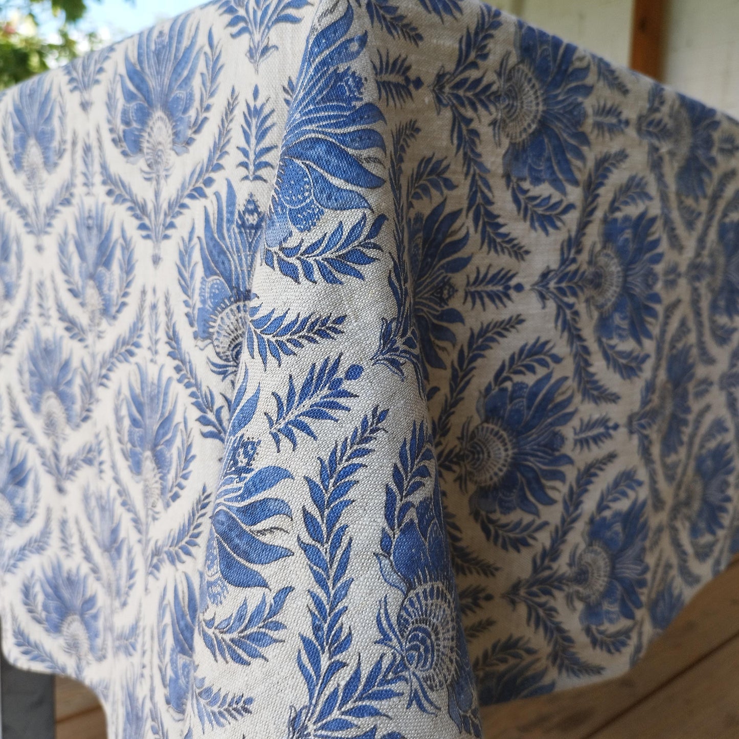 French placemat or tablecloth with Blue print -  French Retro Vintage table cloth Bohemian Blue on natural linen with floral block stamp