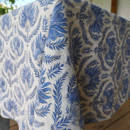 French placemat or tablecloth with Blue print -  French Retro Vintage table cloth Bohemian Blue on natural linen with floral block stamp