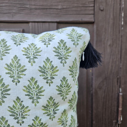 Designer Blovk print Floral on Linen Pillow Cover wiht pompons -  white green Boho Pillow - Farmhouse Floral Block printed pillow on flax