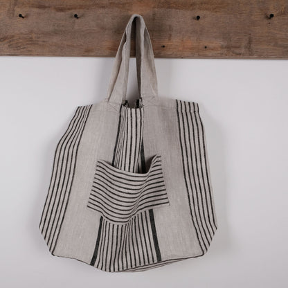 Linen tote bag - shopping bag - striped linen bag - shoulder bag - Organic French style linen beach bag, striped Linen beach summer bag