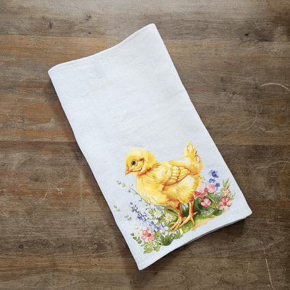 Little Chicken Floral Tea Towel in linen - Easter Hand Towels Tea - Farmhouse Floral Dish Towel - Kitchen Décor Easter Kitchen Tea Towel