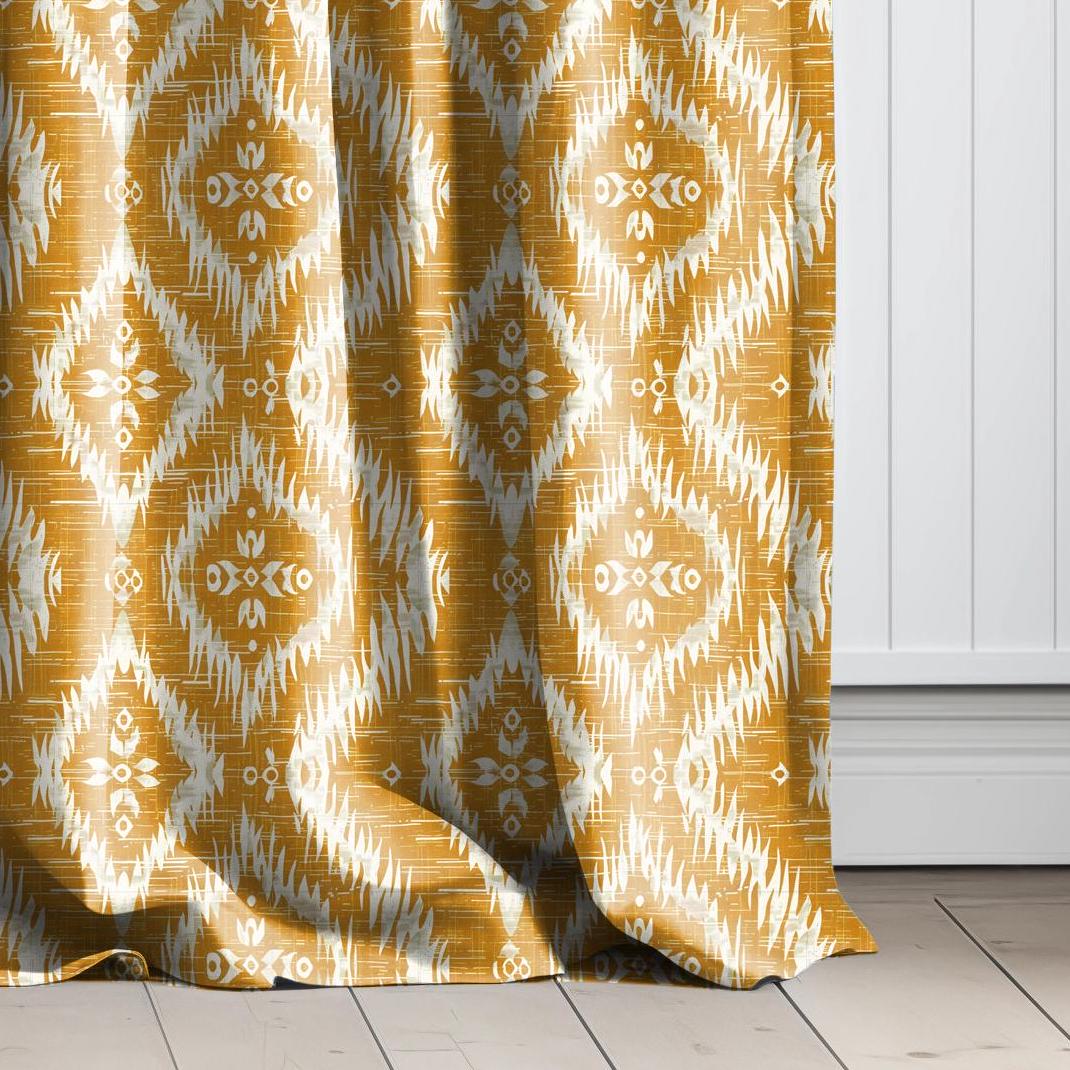 Curtains 100% Linen with ikat print mustard yellow pattern  PREWASHED - kitchen Living room farmhouse linen window panel