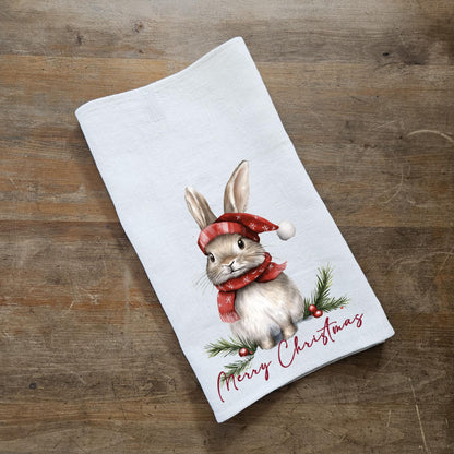Christmas bunny Tea Towel in linen, Holiday decor hand Towels Tea in linen, Merry Christmas Dish Towel Kitchen Décor Tea Towel in linen
