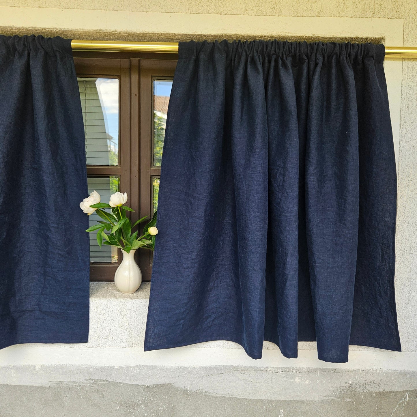 Curtains 100% Linen PREWASHED in navy blue, window panel kitchen Living room farmhouse curtains, grain sack flax Bedroom window panel