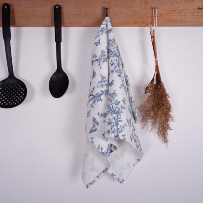 French Tea Towel in linen with toile de jouy print Indigo blue, floral Hand Tea Dish Towel Kitchen Décor Tea Towel