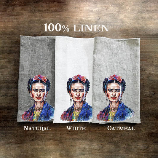 Frida Kahlo kökshandduk i linne, botaniska handdukar te i linne, konstnärlig diskhandduk i linne, köksdekoration i linne