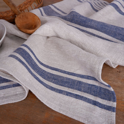 Washed linen kitchen towel in french blue stripes . Guest hand towel Natural dish towel. Striped French style thick linen tea towels