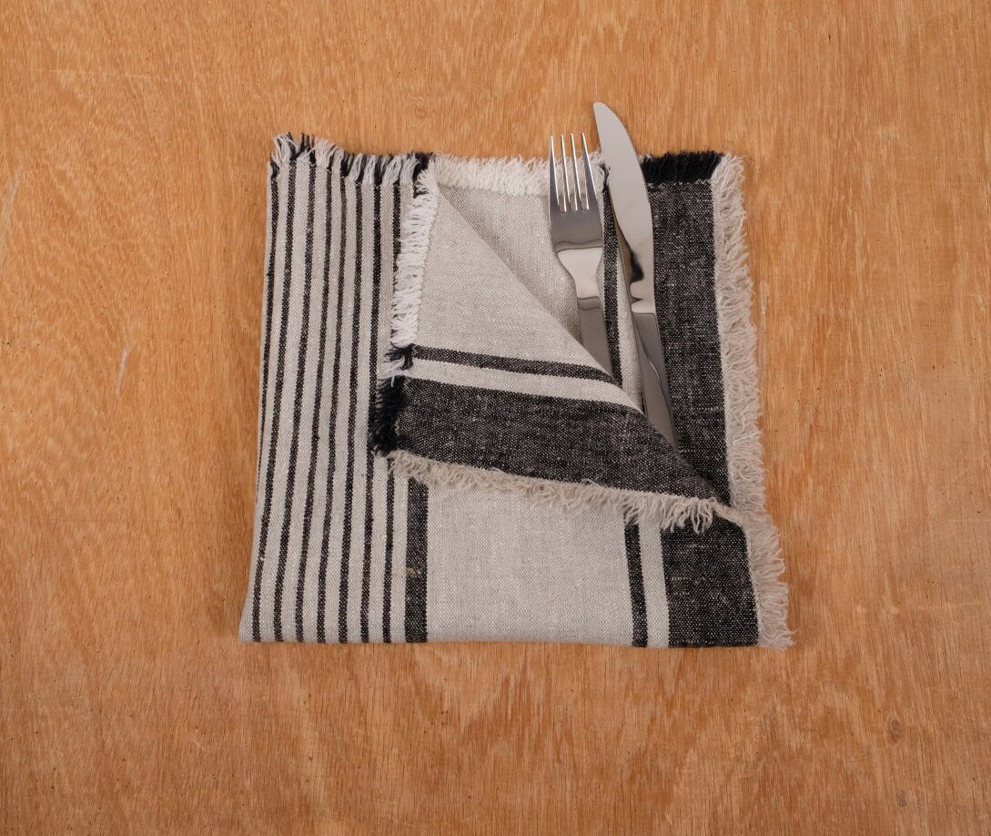 Rustic linen napkins - French grain sack linen stripes Cottage farmhouse country style Set of napkins. Stonewashed flax cloth placemats