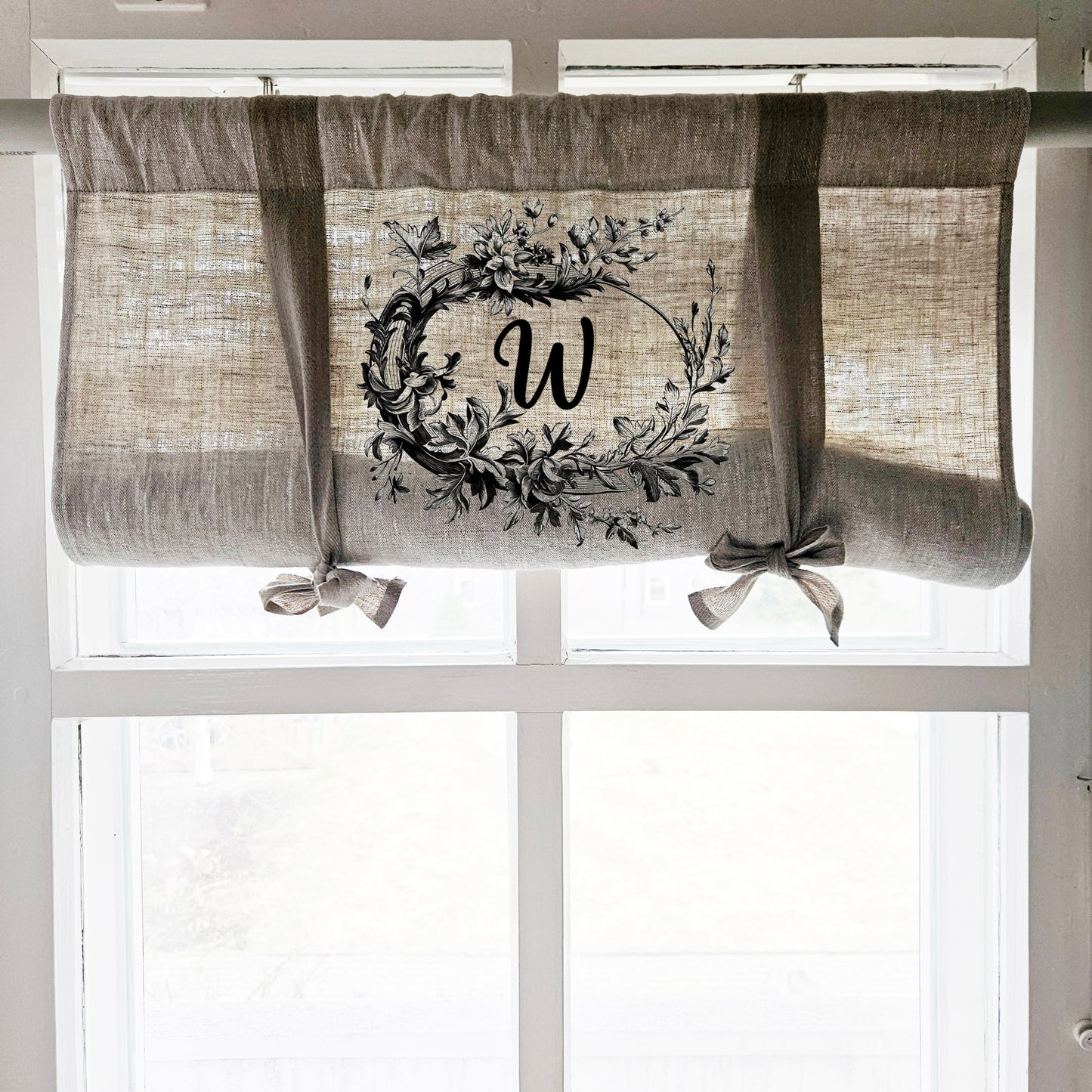 Monogramed Linen curtains valance with tie up with French Country Stamp , farmhouse kitchen curtains, door curtains  in custom size