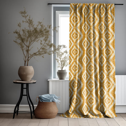 Curtains 100% Linen with ikat print mustard yellow pattern  PREWASHED - kitchen Living room farmhouse linen window panel