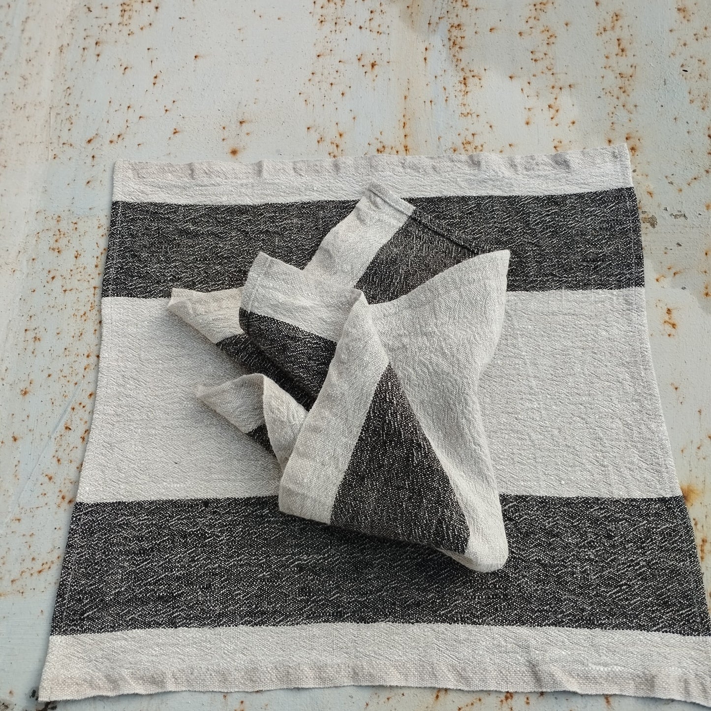 black striped linen napkins or placemat in grain sack linen, heavy soft linen flax,