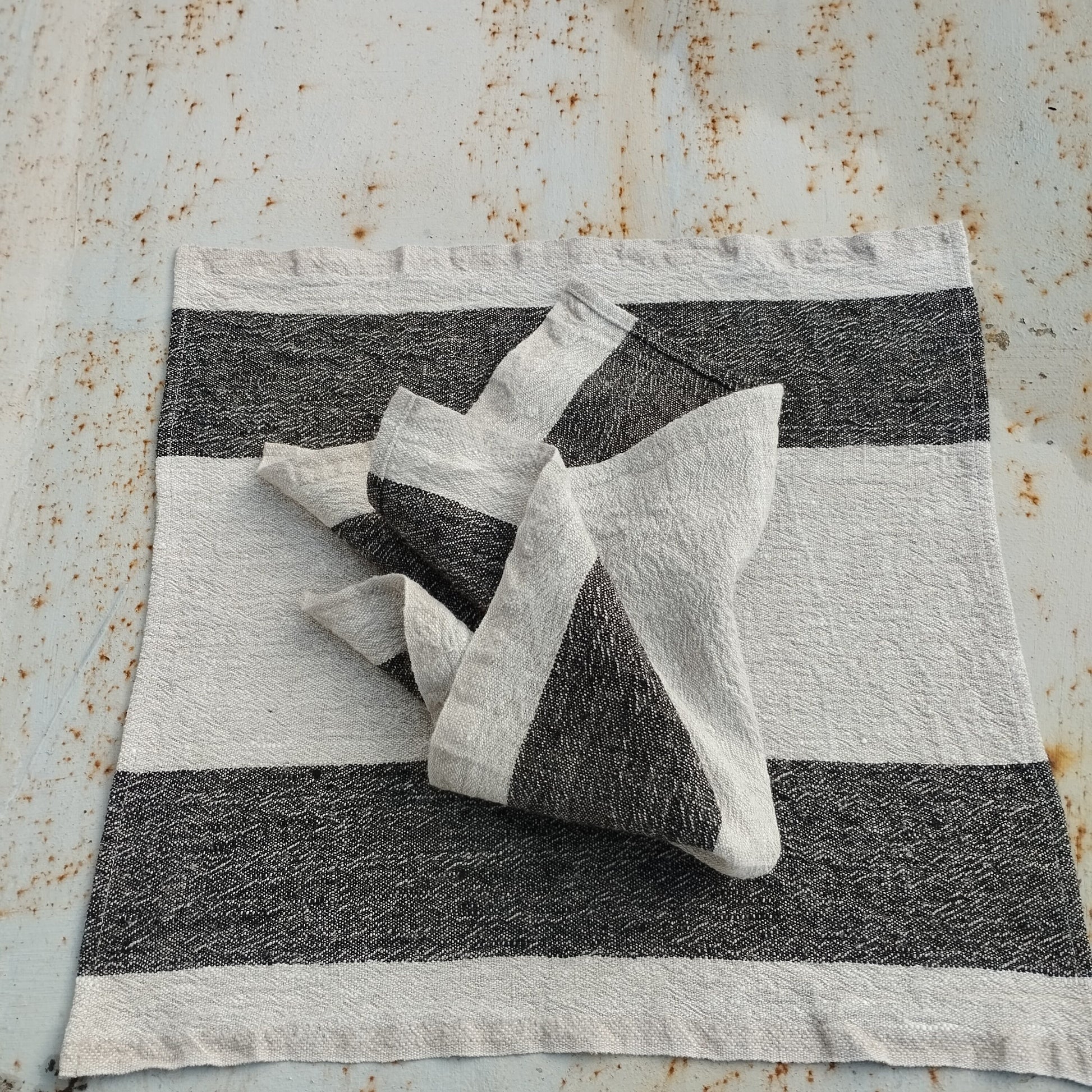black striped linen napkins or placemat in grain sack linen, heavy soft linen flax,